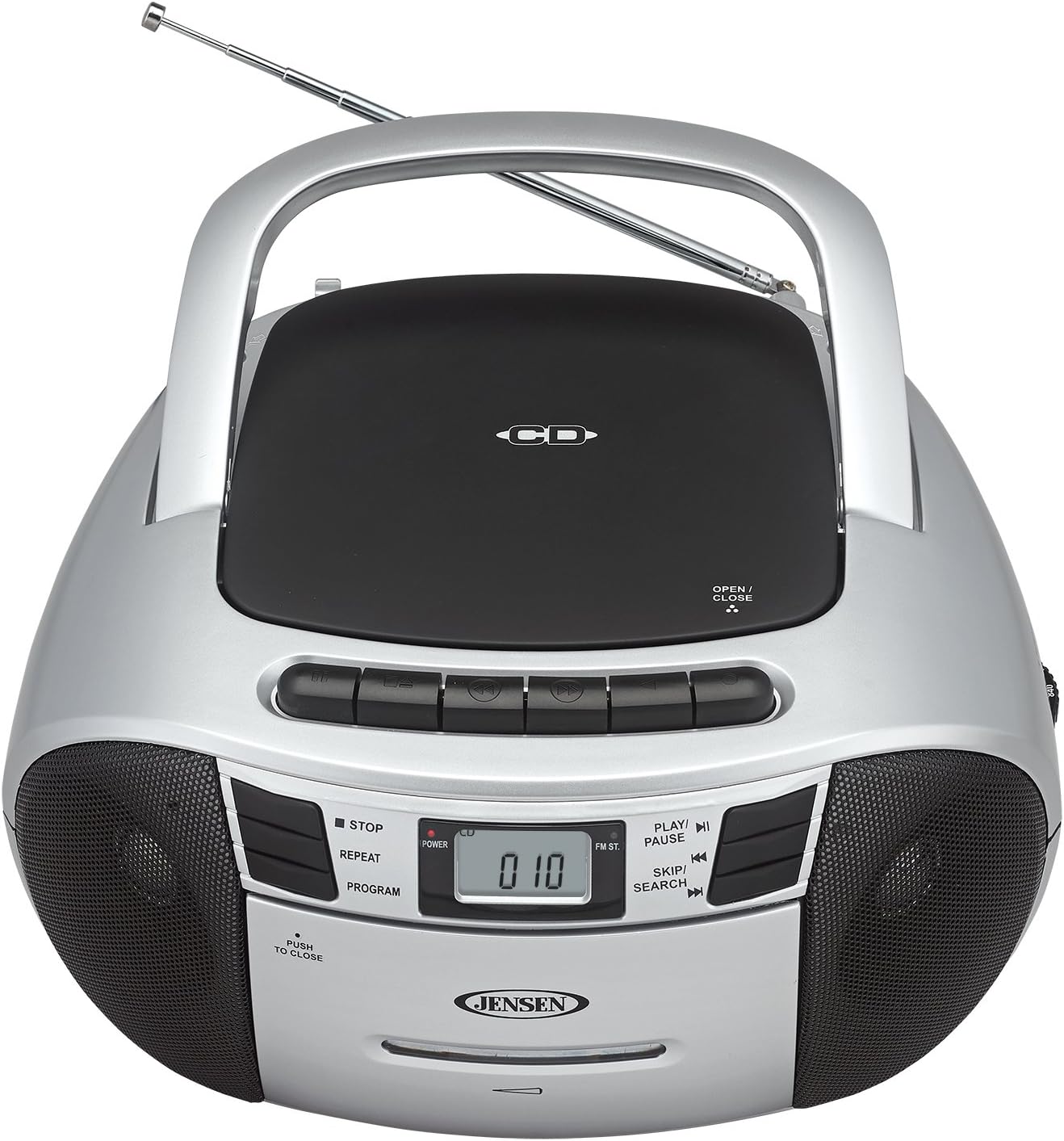 Jensen CD-545MP3 Top-Loading CD/MP3 AM/FM Radio Cassette Player, and Recorder Boombox Home Audio, Aux, Headphone (Silver/Black) Pack of 2