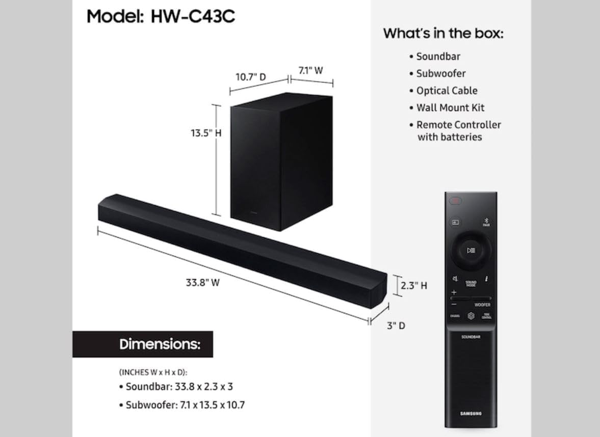 Samsung HW-C43C/ZA 2.1 ch DTS Virtual:X Soundbar 270-Watts w/ Subwoofer, Black (Renewed)