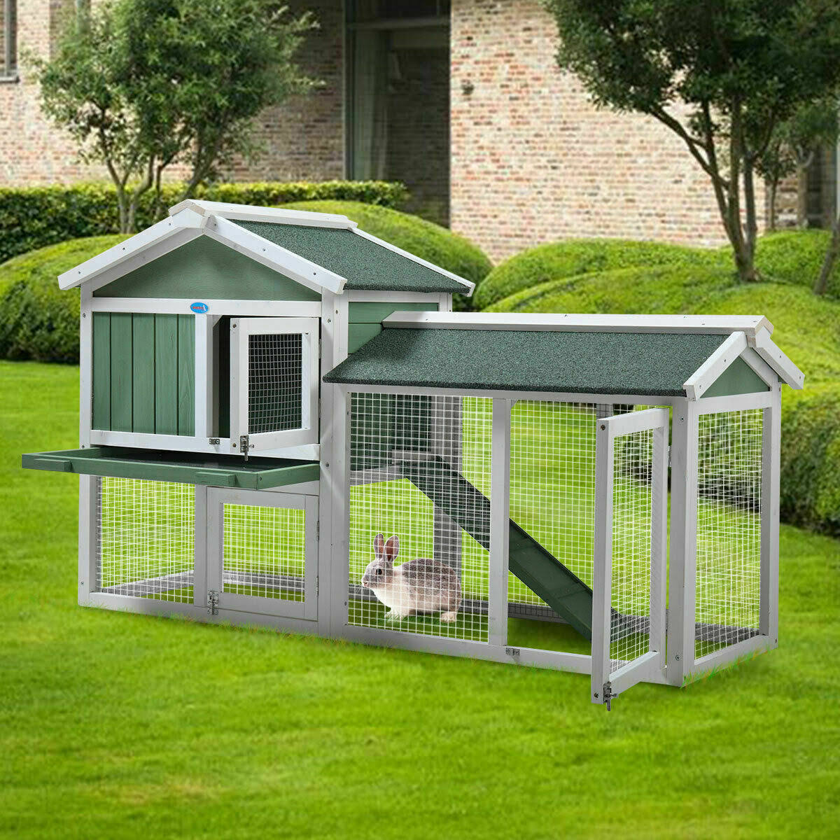coziwow 2 Story Outdoor Wooden Chicken Coop Rabbit Hutch House Small Pet Poultry Cage-Gray u0026 White