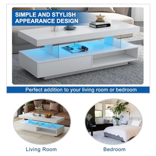 LED Coffee Table with Storage, LED Coffee Tables for Living Room, High Gloss Coffee Table with LED Lights, Modern Center Table with Open Display Shelf & 2 Sliding Drawers (Black)