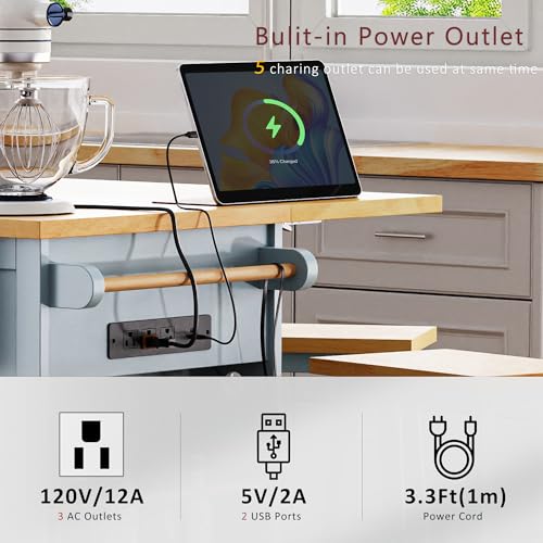 53" Rolling Large Kitchen Island Set with Power Outlet,Mobile Carts with Storage Cabinet,Extra Drop Leaf,3 Drawers and 5 Open Side Racks,Wood Table for Dining Room (Island & Stools)