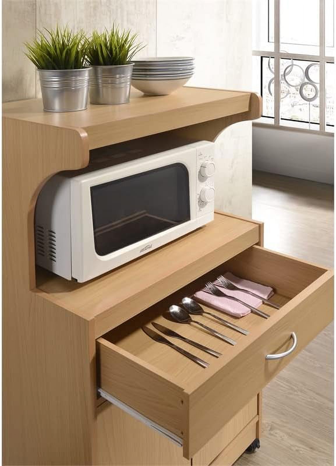 Microwave Kitchen Cart With Utenstil Drawer And Storage Cabinet In Beech