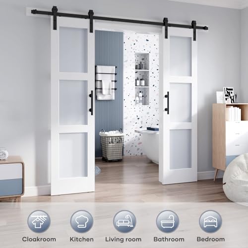 36x84 Inch Glass Sliding Barn Door Slab and 6.6ft Hardware Kit Included, 5 Frosted Glass, LVL Wood Panel Covered with White Water-Proof Scratch-Proof PVC Surface, Simple DIY Assembly