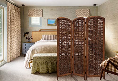 Room Divider Wood Screen - Ghanti Bells Antique Brown - 4 Panel Folding 72 x 80 - Assembled Hand Carved Decorative Functional Versatile Portable Partition Reversible Privacy Boho - COTTON CRAFT
