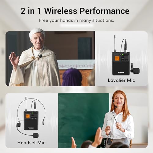 TONOR UHF Wireless Microphones System with Headset/Lavalier Lapel Mics, Bodypack Transmitter, Receiver, 2*15 Channels, 200ft Range for Live Singing Karaoke Church Party DJ PA Speaker Mixer Recording