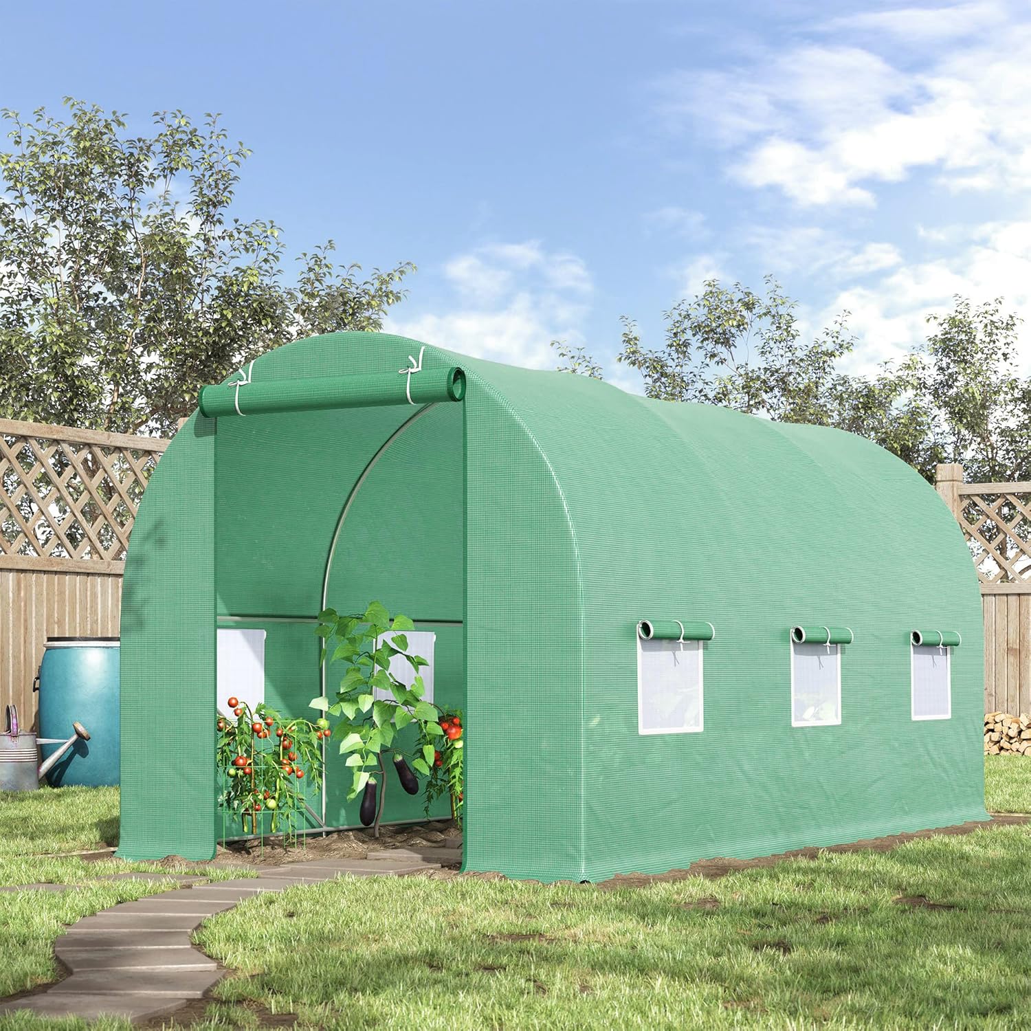 Outsunny 15' x 6' x 7' Outdoor Walk-in Tunnel Greenhouse with Roll-up Windows, Zippered Windows, & Weather Cover