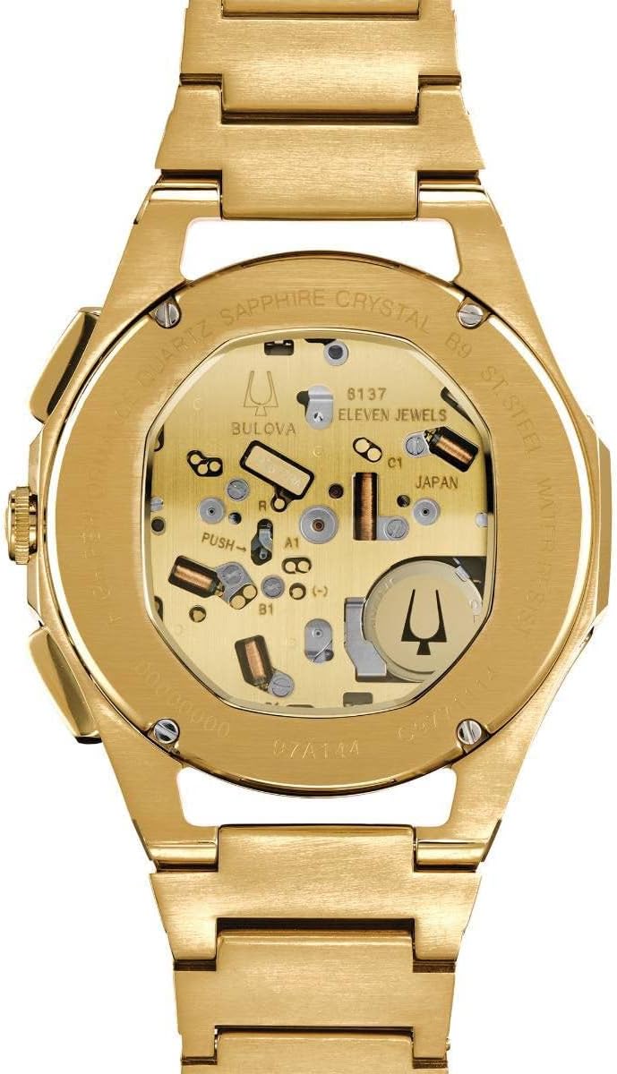 Bulova Men's CURV High Performance Quartz Stainless Steel Watch, 5-Hand Chronograph, Sapphire Crystal, Luminous Hands, Gold-Tone/Black Dial