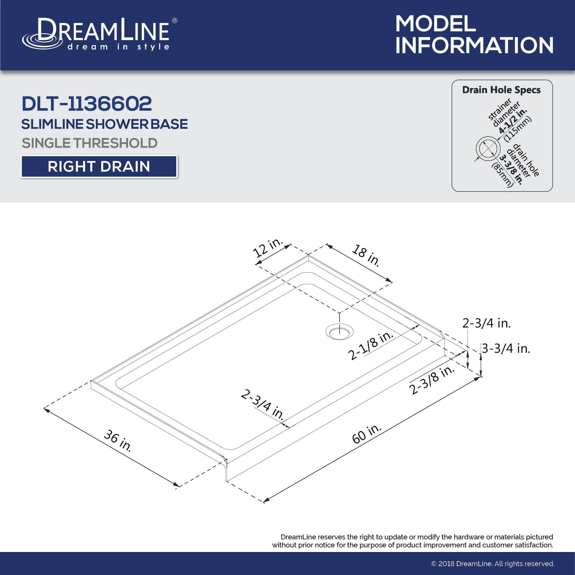 DreamLine Slimline 36 in. x 60 in. Single Threshold Shower Base, Right Hand Drain, DLT-1136602