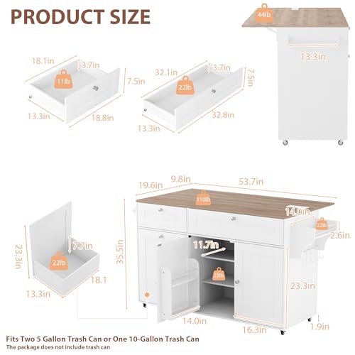 Kitchen Island on Wheels with Storage and Power Outlet, Kitchen Island with Trash Can Storage Cabinet and Drop Leaf, with Spice Rack & Towel Rack, Rolling Island Cart for Kitchens (Black)