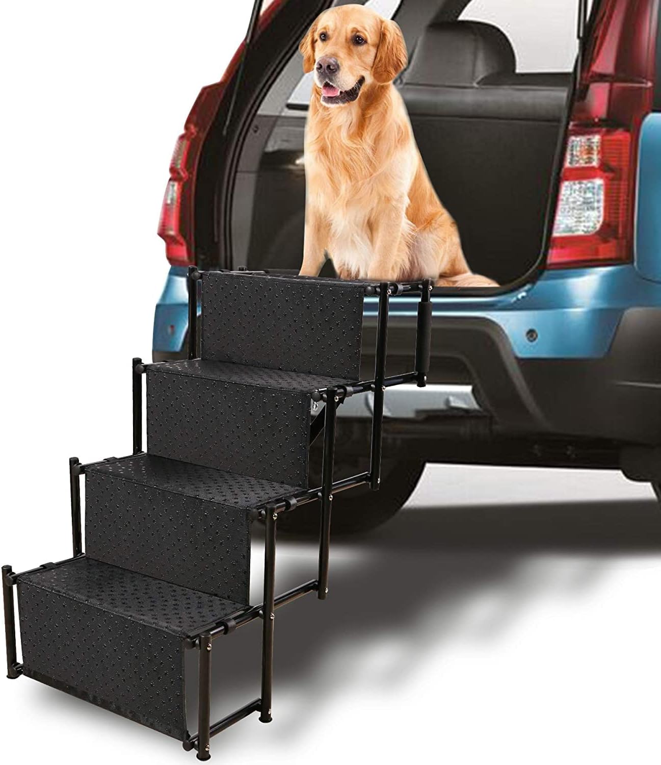 Domaker Pet Dog Car Step Stairs 30 Inches High, Sturdy Metal Fram Folding Large Dog Cat Pet Ramp for Car SUV Jeep Truck, Lightweight Portable with Shoulder Strap,Black, 5 Steps Pack of 2