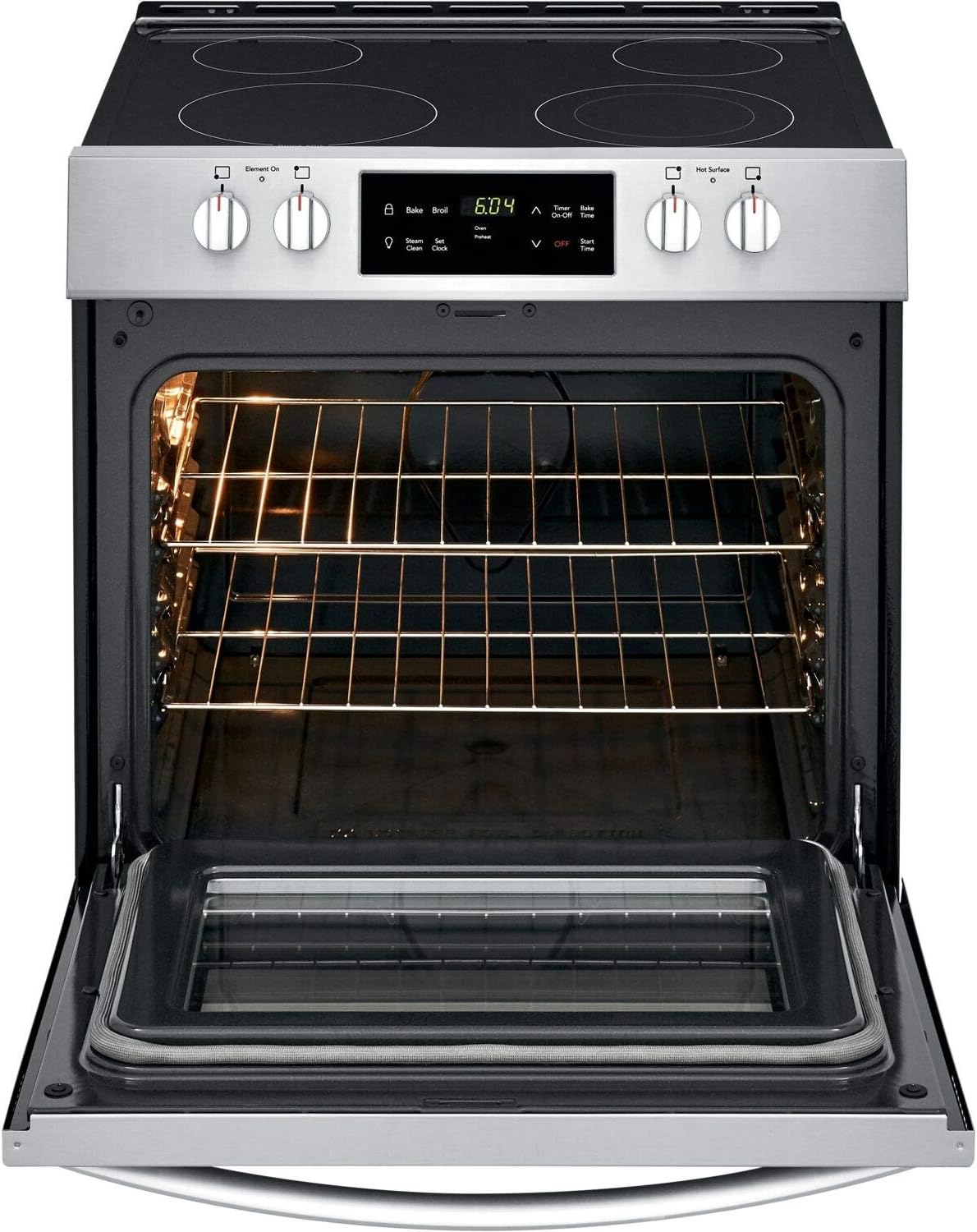 Frigidaire FFEH3051VS 30 Inch Freestanding Electric Range with 4 Elements, Smoothtop Cooktop, 5 cu. ft. Total Oven Capacity, Self-Cleaning Mode, Storage Drawer, ADA Compliant, in Stainless Steel