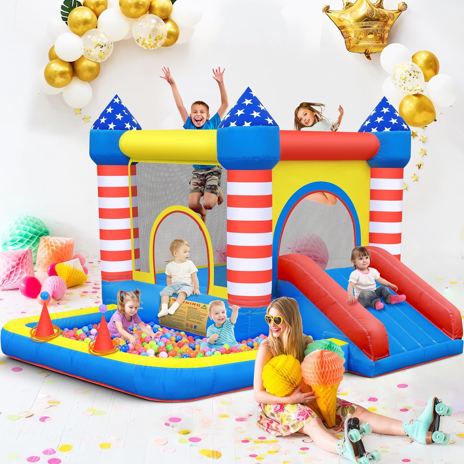 Culaluva Inflatable Bounce House: Bouncer Bouncy Castle 5 in 1 with Ball Pit & Slide for Kids Aged 3-8 - with 370W Blower & Storage Bag - Indoor Outdoor Play Stripes Style