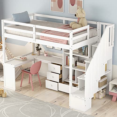 Harper & Bright Designs Twin Size Loft Bed with Storage Stairs, Wood Loft Bed with Wardrobes Space Saving Loftbed Frame for Kids & Teens Bedroom, White