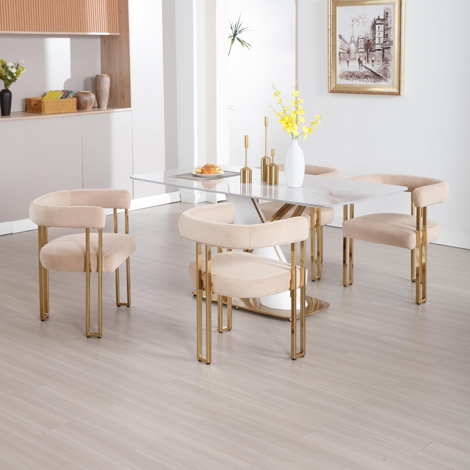 chairus Dining Chairs Set of 6, Modern Dining Chairs upholstered Kitchen Chairs Gold Metal Boucle Dining Chair with Hollow Back for Kitchen Dinning Room Restaurant - Velvet, Khaki