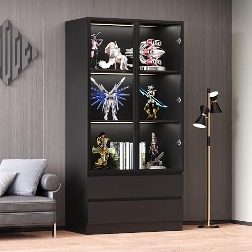 Tempered Glass Door Display Cabinet with LED Lights and 3 Storage Shelves,Tall Modern Display Storage Organizer with 2 Drawers and 2 Doors,Bookcase Bookshelf for Living Room,Home Office,Black