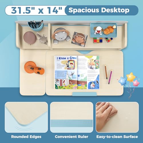 HONEY JOY Kids Desk, Children School Study Desk w/ 7-Level Tiltable Desktop, Height Adjustable Table w/Bookshelf, Pull-Out Drawer & Pen Holder, Student Writing Workstation, Desk for Girls Boys (Pink)