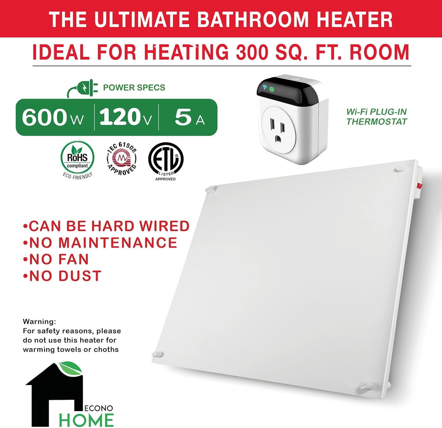 EconoHome Wall Mount Space Heater Panel - with Thermostat - 600 Watt Convection Heater - Ideal for 200 Sq Ft Room - 120V Electric Heater - Save Up to 50% of Heating Cost - with Overheat Protection