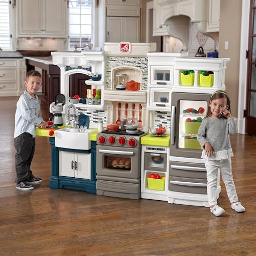 Step2 Elegant Edge Kids Kitchen Playset, Indoor/Outdoor Kitchenette, Interactive Play with Lights and Sounds, Made of Durable Plastic, Includes 78 Piece Toy Accessories, For Toddlers 3+ Years Old