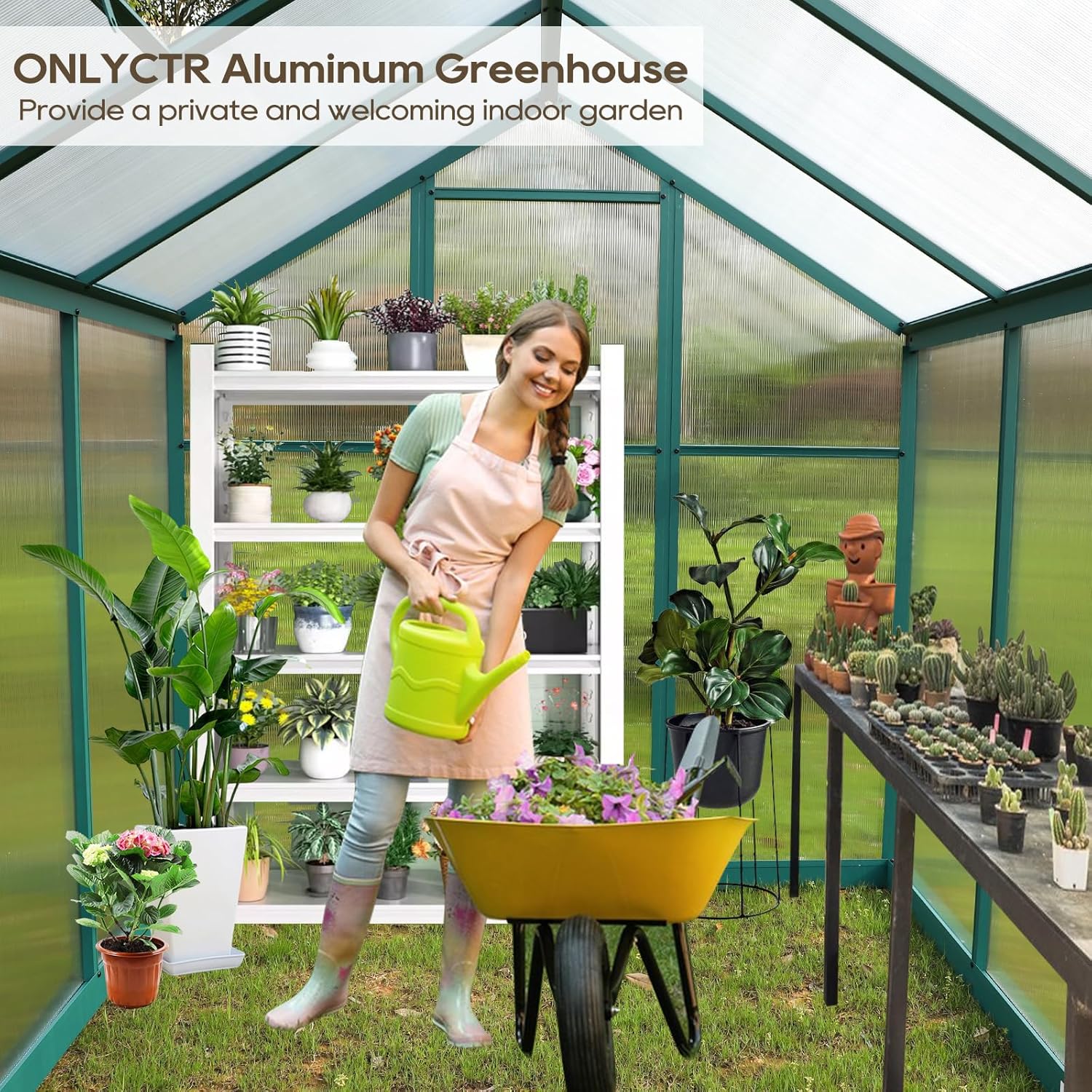 Aluminum Greenhouse for Outdoors 6'x 8', Polycarbonate Green Greenhouse with Adjustable Roof Vent and Rain Gutter, Outdoor Hobby Greenhouses for Backyard Plants Flowers Vegetables (6’ x 8‘)