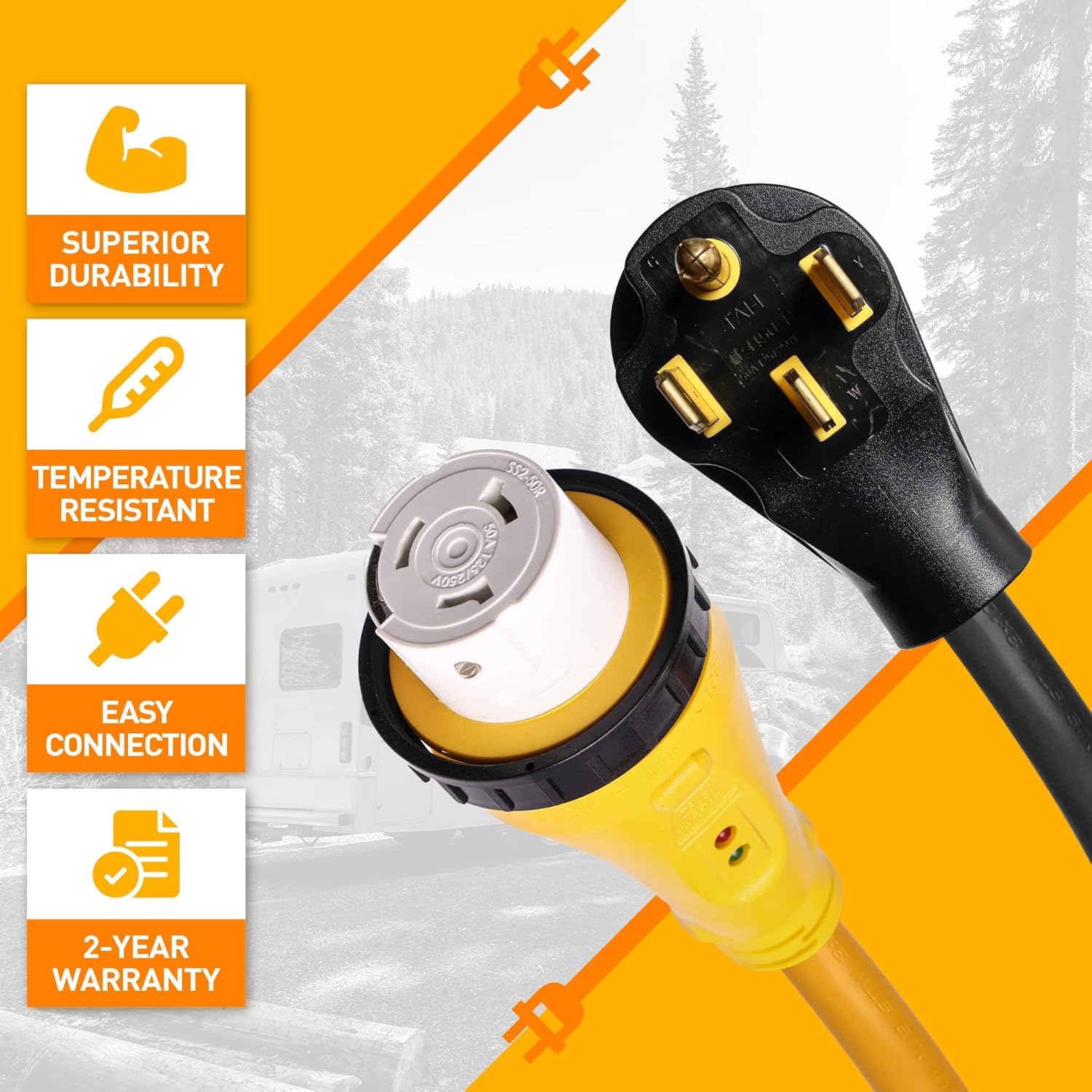 Marvine 50 Amp RV Power Cord Adapter 1.5FT - NEMA 14-50P Male to SS2-50R Female with Locking Collar - Heavy Duty 6/3+8/1 STW Cable with LED Power Indicator