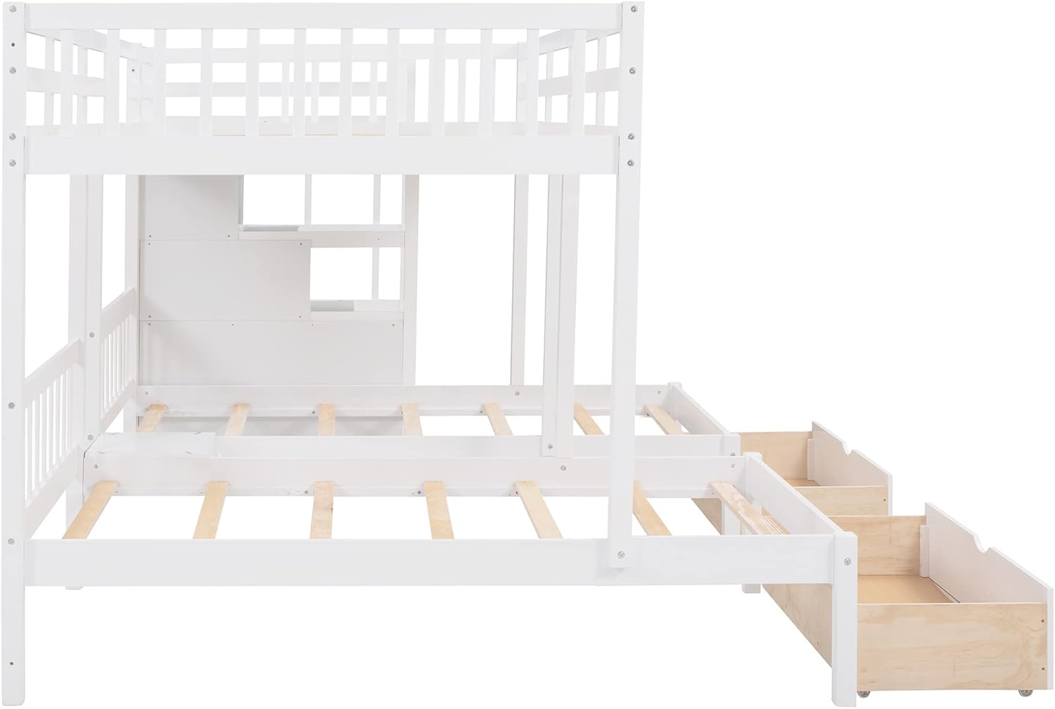 SOFTSEA L-Shaped Triple Bunk Beds with Staircase Corner Bunk Bed with 2 Storage Drawers, Full Over Twin & Twin Bunk Beds for Kids, Triple Bunk Beds with Stairs and Drawers