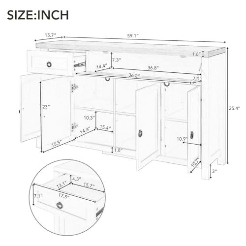 Sideboard Buffet Storage Cabinet, Modern Credenza Buffet Table Accent Cabinet with Flip Door 1 Drawer, 4 Adjustable Shelf, Console Coffee Bar Cabinet for Kitchen Entryway Living (Antique White)