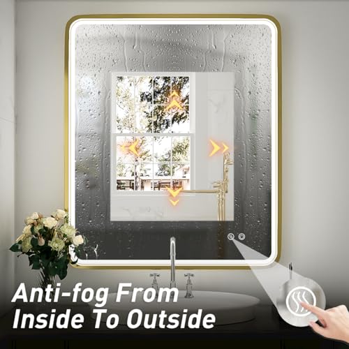 32X24 Inch LED Bathroom Mirror with Light, Black Metal Frame Mirror, Wall Mounted Lighted Vanity Mirrors for Wall, Anti Fog Dimmable Led Mirror for Makeup