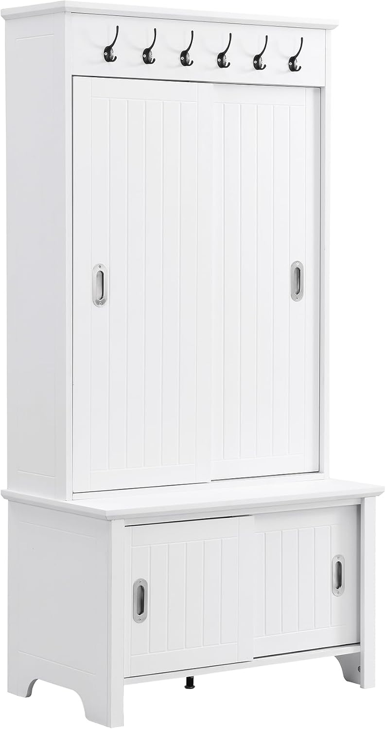 Modern Hall Tree with Bench and Shoe Storage Cabinet, Hallway Coat Rack with Sliding Doors & Adjustable Shelves for Entryway, Mudroom, Living Room, White