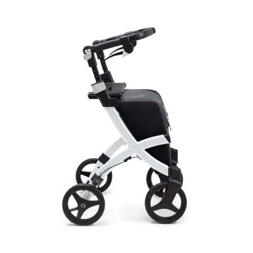 Flex 2 Pebble White - Upright Rollator Walker with seat - Lightweight Walker with Wheels - Folding Walker with Large Shopping Bag - Modern Design