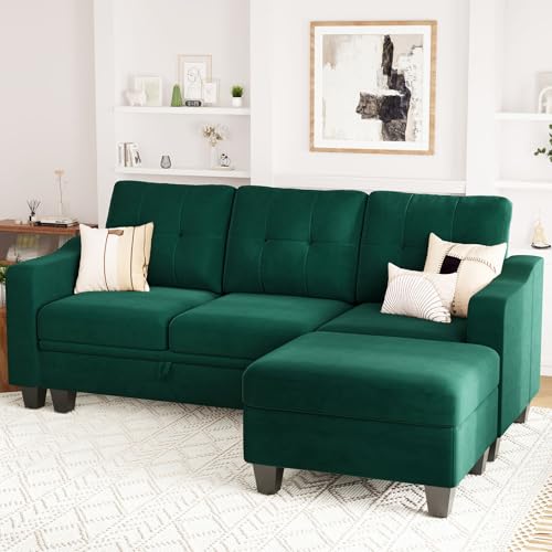 Belffin Velvet Sectional Couch with Storage, L Shaped Sofa with Chaise for Small Space, Blue