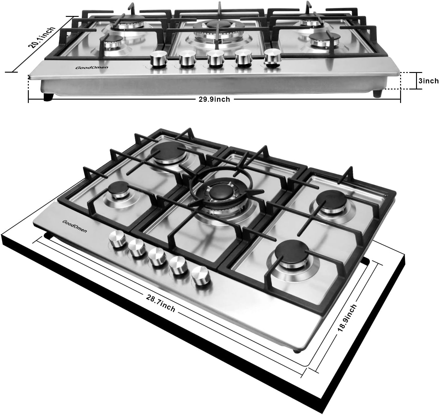 Gas Cooktop 36 inch with 5 Sealed Burners in Stainless Steel, Built-in Stovetop with Thermocouple Protection, Gas Stove Top with Cast Iron Grates, Gas Hob with LPG/NG Convertible and Easy to Clean