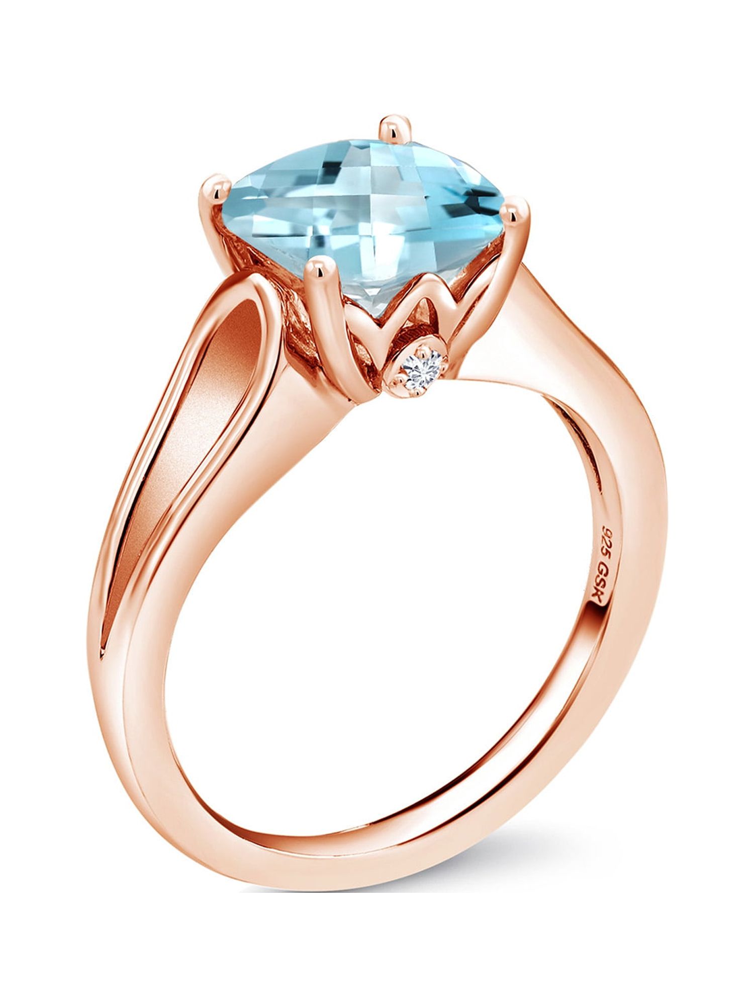 Gem Stone King 3.48 Ct Cushion Checkerboard Sky Blue Topaz G-H Lab Grown Diamond 18K Rose Gold Plated Silver Ring
