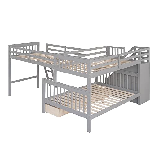 Twin Over Full L-Shaped Wooden Bunk Bed with Storage Drawers, Ladder and Staircase, Triple Bunk Bed Frame for 3 Kids Teens Adults, Gray
