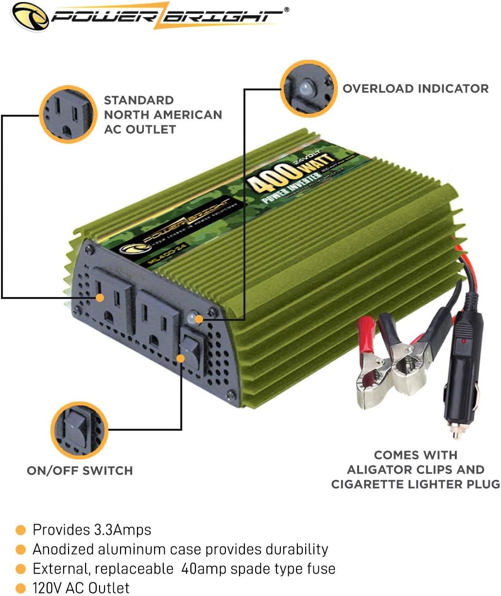 PowerBright 400 Watt 24V Power Inverter, Dual 110V AC Outlets, Modified Sine Wave, Back Up Power Supply for Small Appliances, Blenders, Vacuums & Power Tools w/ Battery Cables Included - CE Approved Pack of 2