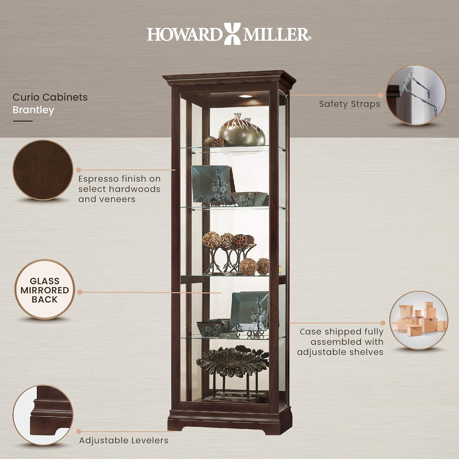 Howard Miller Brantley Curio Cabinet 680-671 – Espresso Finish, Vertical Home Decor, Four Glass Shelves, Five Level Display Case, No Reach Light, Sliding Doors