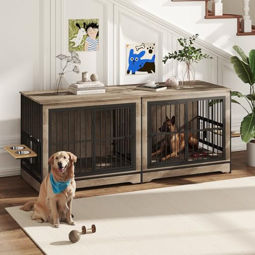 86 Inch Double Dog Crate Furniture with Divider, 4 Combination Forms Large Dog Kennel Furniture for 2 Dogs, Rustic Brown Corner Dog Kennel for Small Medium Large Dogs