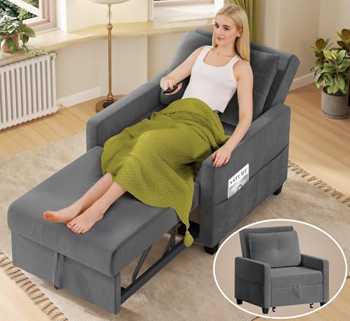 Sleeper Sofa Chair, 3 in 1 Convertible Sleeper Chair with Adjustable Backrest, 32" Pull Out Couch Bed 400lbs Support, Comfy Velvet Small Sofa Bed for Small Space with Pillow & 2 Pockets, Blue