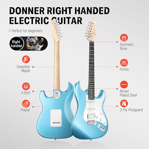Donner DST-100B 39 Inch Electric Guitar Beginner Kit Solid Body Full Size Black HSS for Starter, with Amplifier, Bag, Digital Tuner, Capo, Strap, String,Cable, Picks