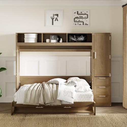 Full Size Murphy Bed with Wardrobe, Solid Wood Wall Bed with Drawers and Open Shelves, Muti-Functional Platform Bed Frame for Kids Teens Adult Bedroom, Space Saving Design (Antique Grey)
