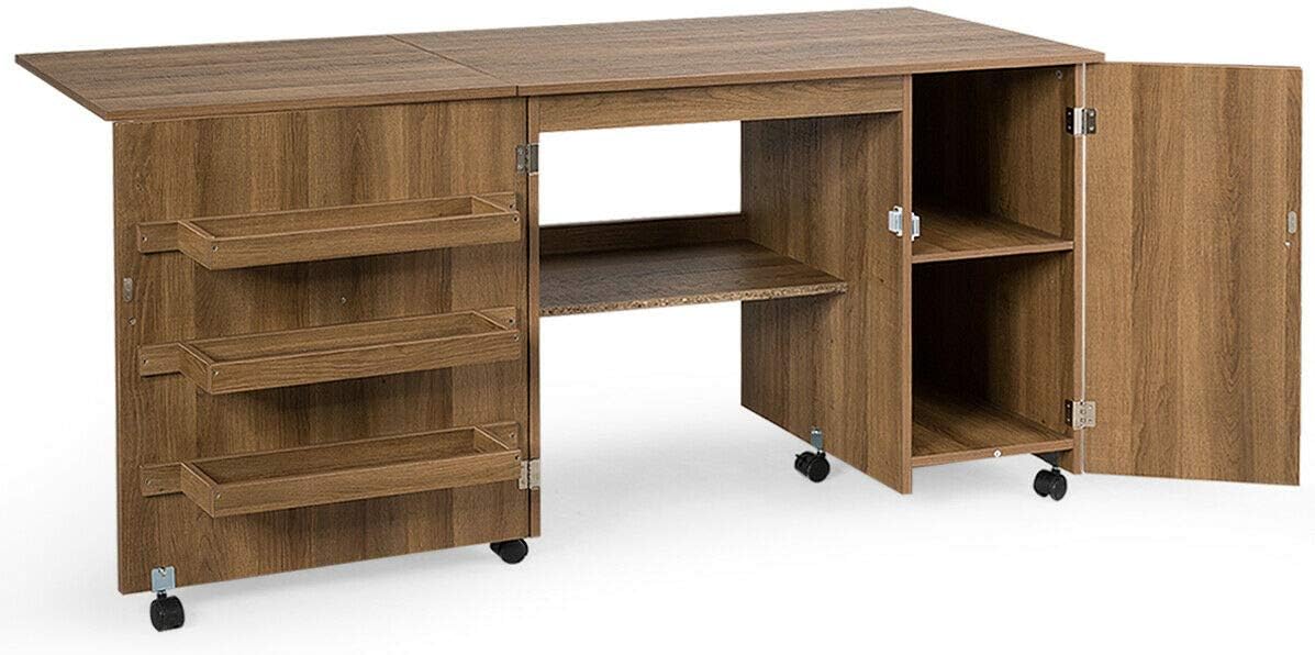 Multifunction Design Folding Sewing Craft Table Shelves Storage Cabinet Computer Desk Home Furniture with Wheels, Space-Saving,3 Storage Bins Natural