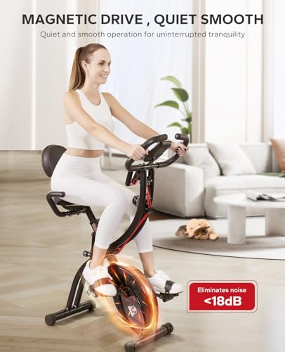 HAPBEAR Folding Exercise Bike Magnetic Foldable Stationary Bike, 3 in 1 Mode Indoor Upright Fitness Workout X-Bike with 8-Level Resistance and Arm Resistance Band, Pulse Sensor,LCD Monitor