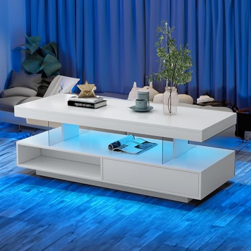 LED Coffee Table with Storage, LED Coffee Tables for Living Room, High Gloss Coffee Table with LED Lights, Modern Center Table with Open Display Shelf & 2 Sliding Drawers (Black)