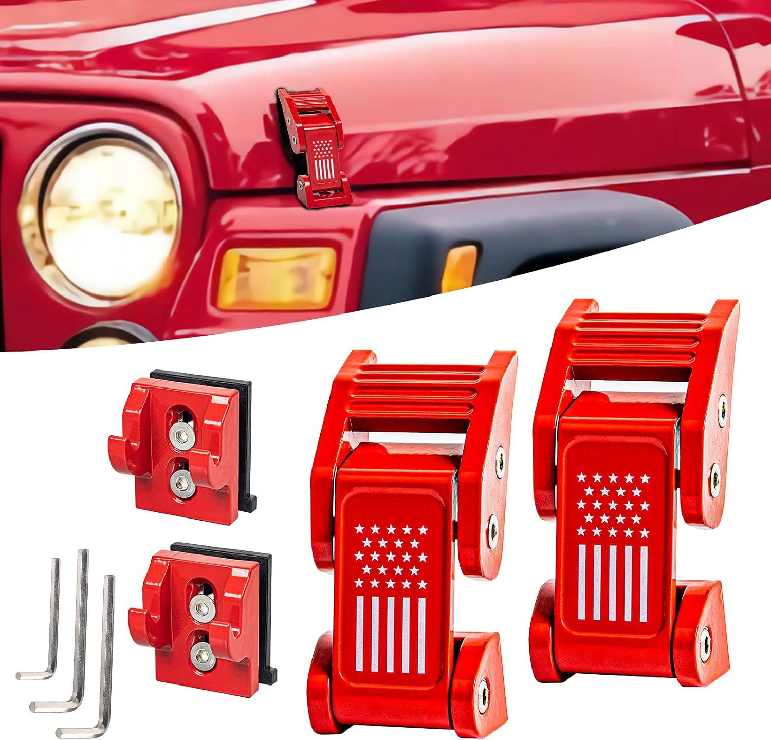 Buling TJ Hood Latches Improved Design Aluminum Hood Catch Latch Kits Compatible with Jeep Wrangler TJ 1997-2006 (Texture Black US Flag)