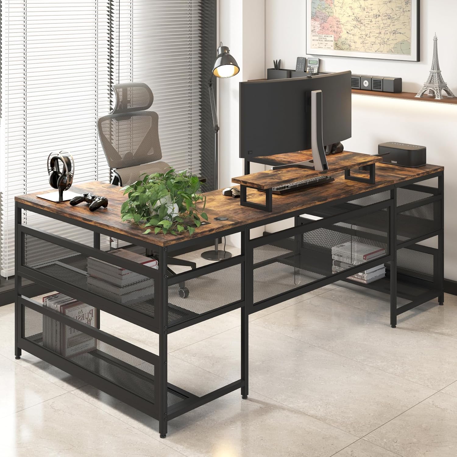 U-Shaped Desk with Shelve and LED Lights