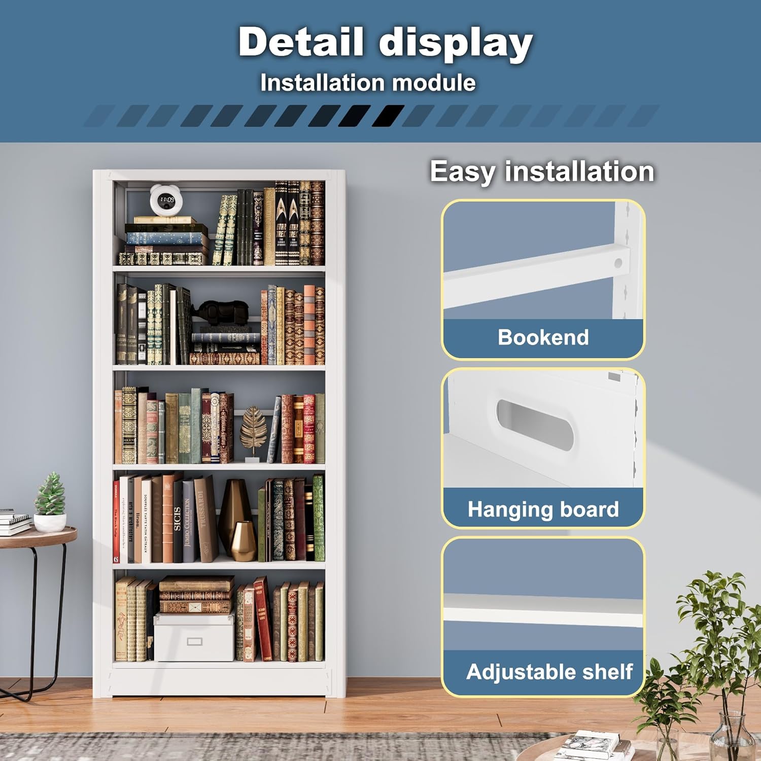 Metal Modern Bookshelf, 69”Tall Bookcase, 5-Tier Book Shelf with Adjustable Shelves, Heavy Duty Bookshelves, Modular Bookshelf for Library Shelves, Living Room, Office, Home, and Garage (White)