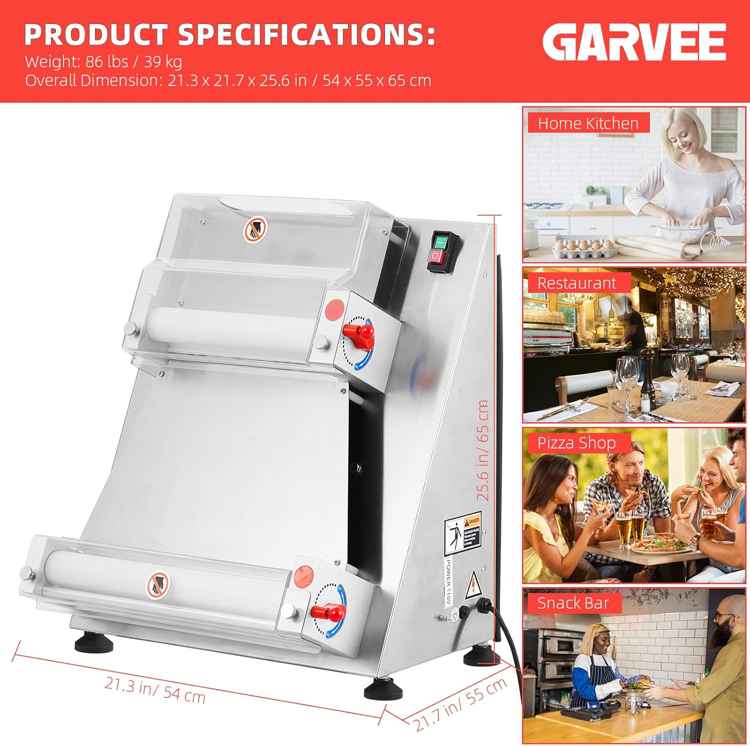 Commercial Pizza Dough Roller Sheeter, CuisinAid Max 16", Automatic 370W Electric Pizza Dough Roller, Stainless Steel, Suitable for Noodle, Pizza Bread and Pasta Maker Equipment