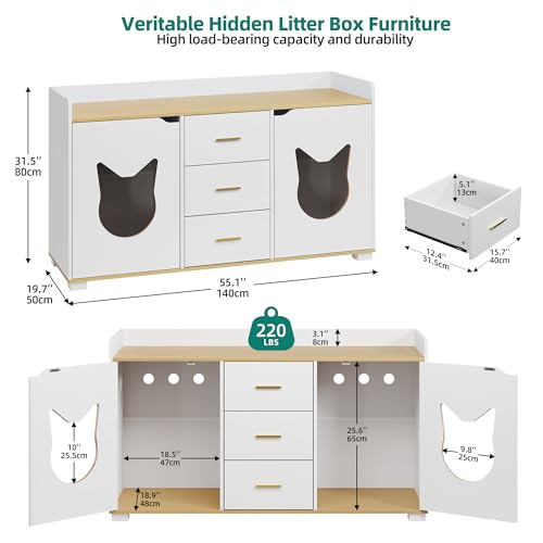 YITAHOME Cat Litter Box Enclosure with Double Room for 2 Cats, Storage Cabinet Design Large Hidden Litter Box Furniture with Drawers, Wooden Cat Washroom Furniture, White, 55" L x 19.7" W x 31.5" H