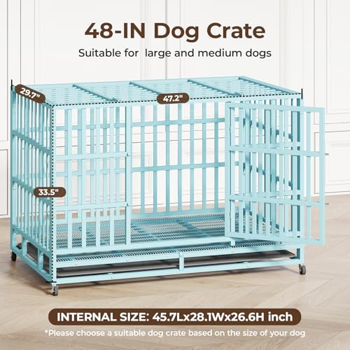 48 Inch Heavy Duty Indestructible Dog Crate Steel Escape Proof, Indoor Double Door High Anxiety Cage, Kennel with Wheels, Removable Tray, Extra Large XL XXL