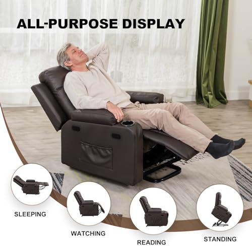 COMHOMA Power Lift Recliner Chair for Elderly and Adults Electric PU Leather Recliners Electric Sofa Chair with Massage & Heat, Cup Holders, Side Pockets (Brown)