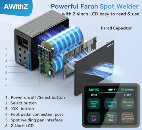14.6 KW Capacitor Battery Spot Welder, AWithZ Spot Welder, 2-in-1 Automatic & Foot Pedal Two Modes Battery Farad Welding Equipment for 18650/LiFePO4 Lithium Battery Pack Building (P20B)